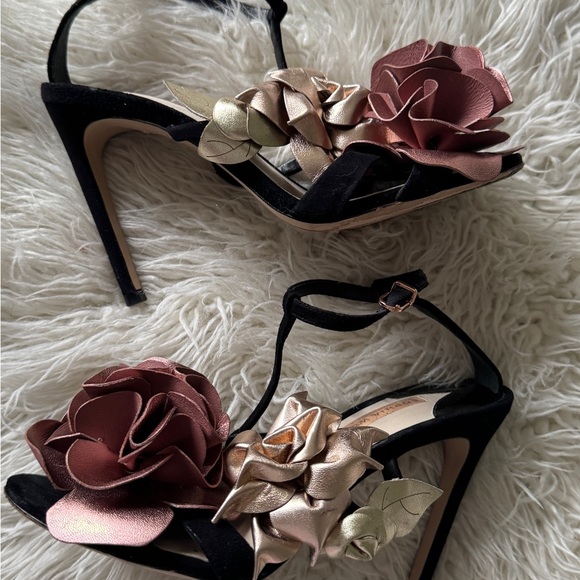 Sophia Webster Shoes - Sophia Webster Black Heels with Pink and Gold Floral Accents